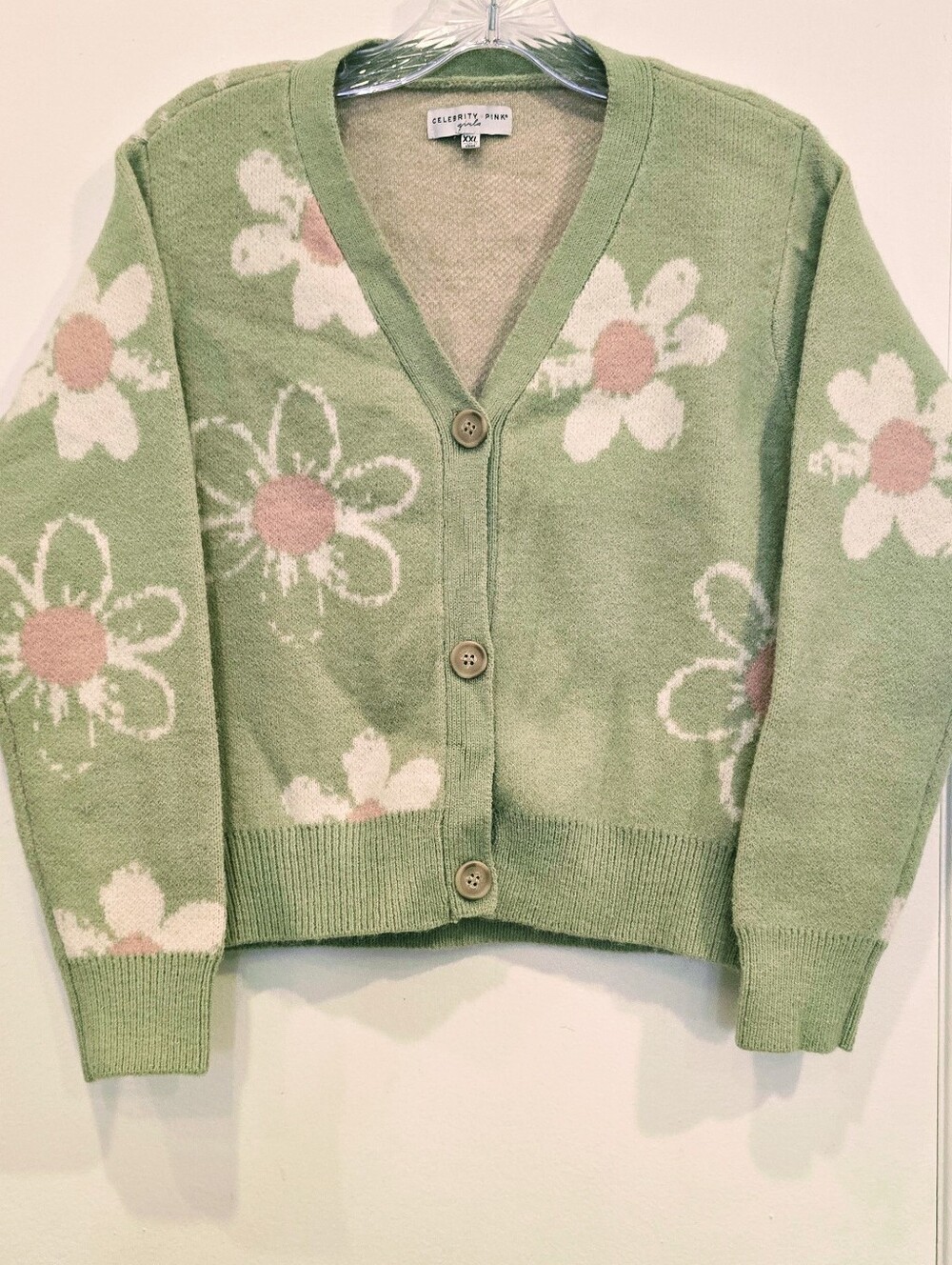 XXL (Womens Small) Celebrity Pink,  Spring Green Daisy Button-Front Cardigan NWT